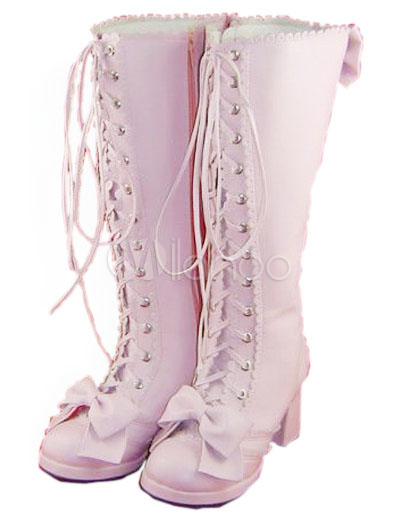 Shoes on High Heel Lace Tie Bow Round Toe Pu Lolita Boots Milanoo Com