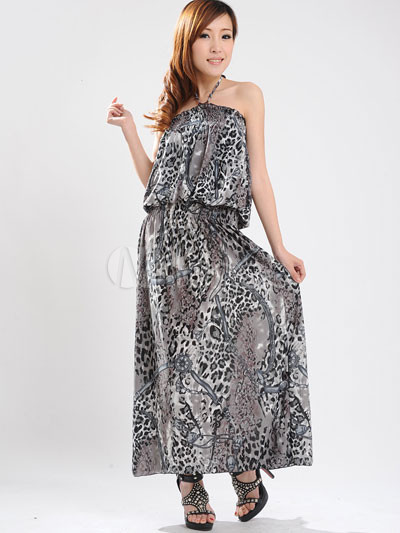 Attractive Gray Halter Floral Cotton Polyester Womens Maxi Dress