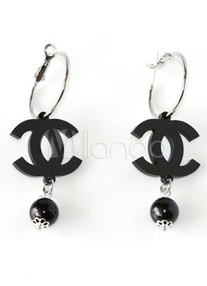 Black Chanel Shaped Stainless Steel Artifical Pearl Earrings For Women