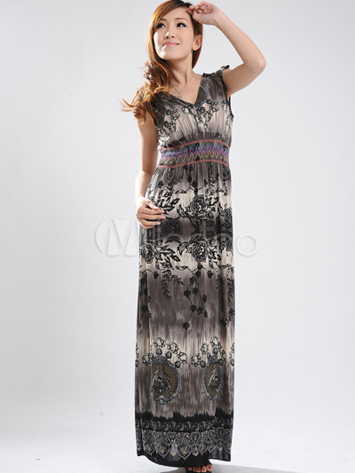 Elegant Deep Gray Floral V-Neck Cotton Polyester Womens Maxi Dress