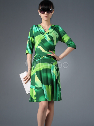 Euramerican V-Neck Green Silk Half Sleeves Womens Dress