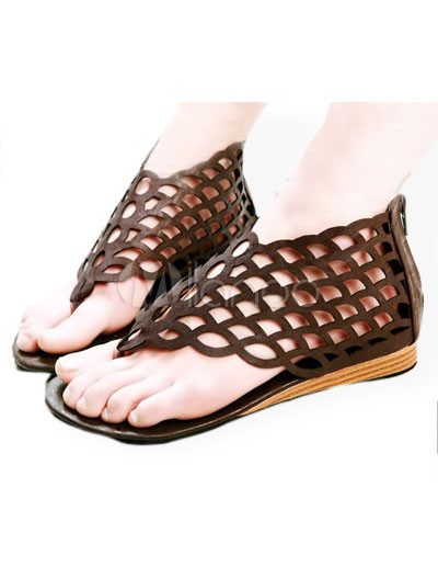 Brown Flat Shoes on Fashion Pu Brown Hallow Chaussures Femme Plat   Milanoo Com