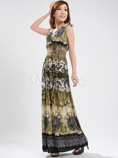 Fashionable Army Green Floral V-Neck Cotton Polyester Womens Maxi Dress