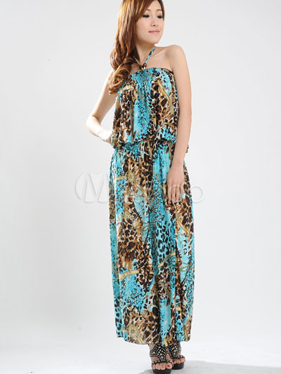Gorgeous Blue Halter Floral Cotton Polyester Womens Maxi Dress