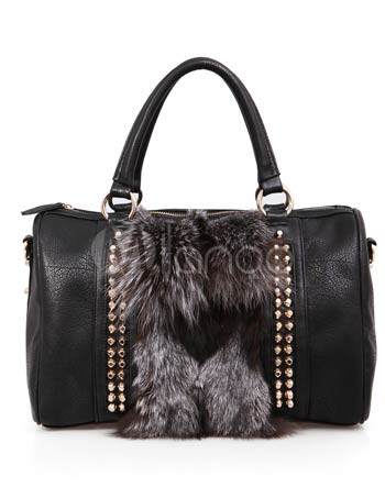 Modern Attractive Black Fox Fur Women's Tote Handbag