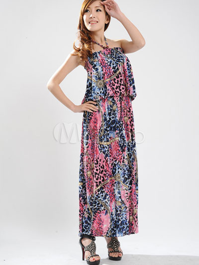 Red Halter Floral Cotton Polyester Womens Maxi Dress