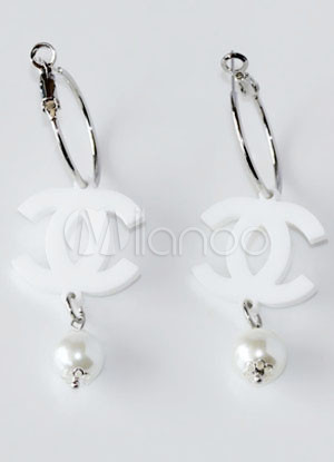 White Chanel Shaped Stainless Steel Artifical Pearl Earrings For Women