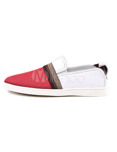 Mens Casual Dress Shoes on Breathable Red And White Cow Leather Mesh Fabric Mens Casual Shoes