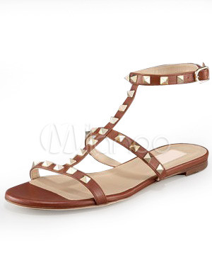Modern Brown 4/5\'\' Heel Flat Sheepskin Womens Fashion Sandals