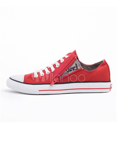 Shoes on Vancl Red Logo Embossed Canvas Mens Shoes   Milanoo Com