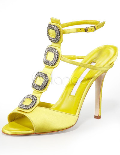 Fashion Womens Rhinestone Flower Satin High Heel Sandals on Yellow 3 9 10    High Heel Satin Ankle Strap Fashion Sandals