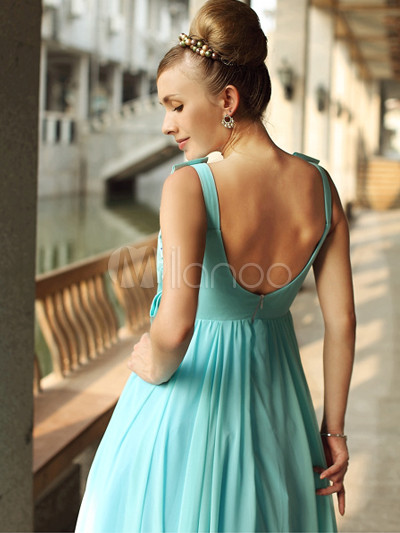 Elegant Sky Blue Satin Silk Chiffon Floor Length Evening Dress