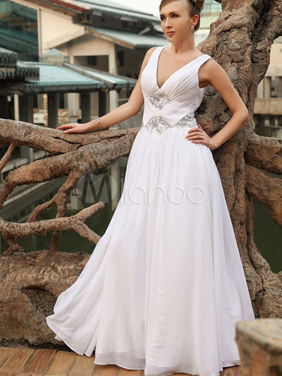 Great White V-Neck Pleated Beading Elastic Chiffon Evening Dress
