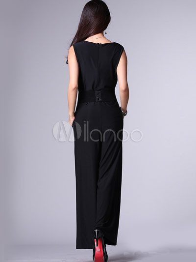 Black Fashion on Moda Donna Maglia Nera Con Collo A V Senza Maniche In Tessuto Jumpsuit