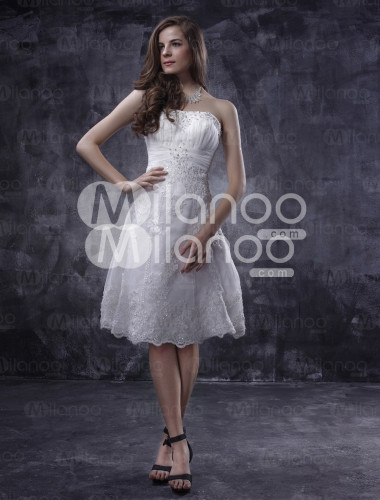 Sweet White Satin Lace Sleeveless Knee Length 2011 Wedding Dress