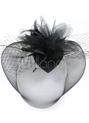 Women Black Net Fabric Feather Veil