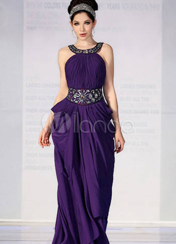 Purple Soft Elastic Suede Satin Halter Empire-waist Beaded Dress