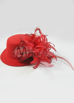 Elegant Red Lace Feather Wedding Bridal Hat