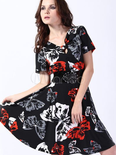 Womans Size Dresses on Black Short Sleeves Elastic Printing Polyester Womens Plus Size Dress
