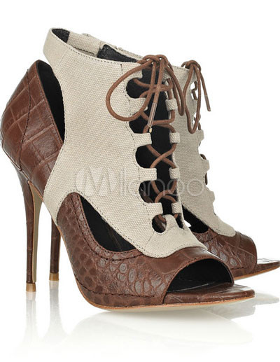 Shoes Deals on Deep Coffee 3 9 10 High Heel Sheepskin Bandage Peep Toe Fashion Shoes
