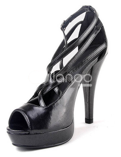 Black 4 3/4'' High Heel 1 1/5''' Platform Slink Back PU Womens Fashion Sandals