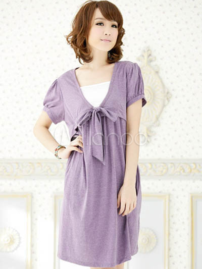 Maternity Clothes  Petite Women on Purple 100  Cotton Short Sleeve Maternity Dress   Milanoo Com