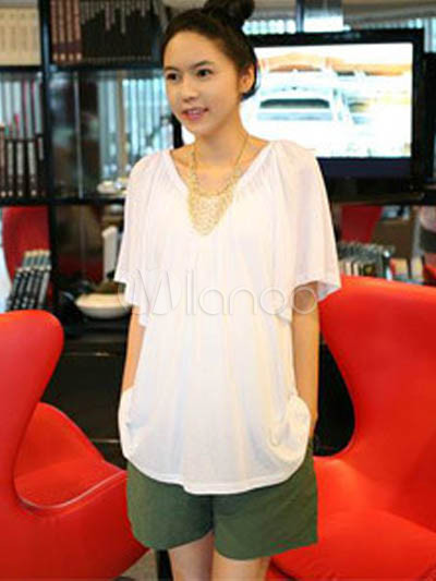 Maternity Clothes  Petite Women on Practical Loose White Short Sleeves Cotton Maternity Blouse   Milanoo