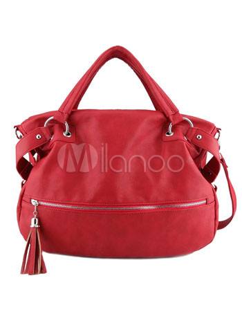 Simple 30*22cm Red PU Zipper Front Tassel Womens Shoulder Bag