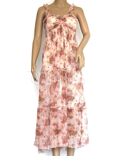 Pink Rose Printed Chiffon Lace Strap Pleated Maxi Dress
