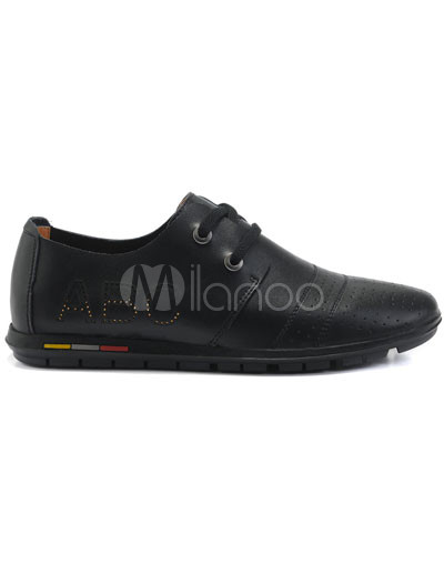 Lace Ballet Shoes on Sportive Black Cowhide Lace Up Hollow Out Casual Shoes For Men