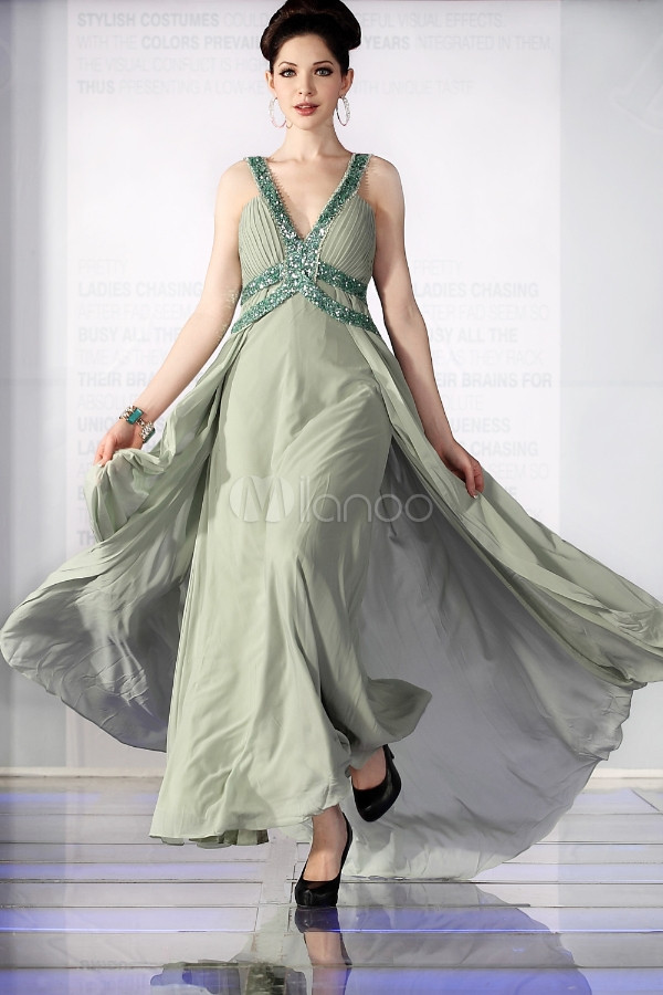 Elegant Light Green Deep Vneck Collar Chiffon Beaded Empire Waist Evening