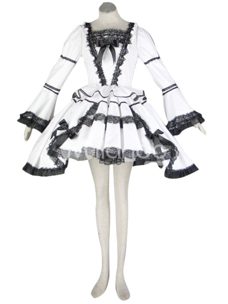 Black And White Lace Trimmed Gothic Lolita Cosplay Dress