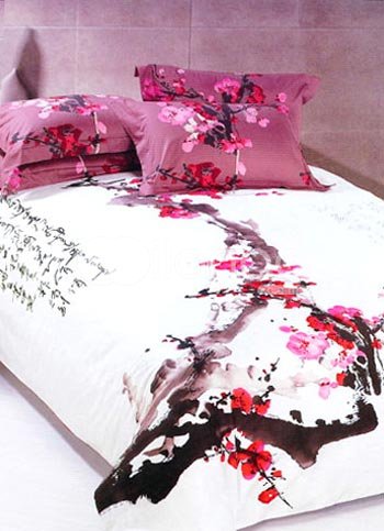 4-pc Classical White And Red Cotton Duvet Cover Oriental Bedding Set