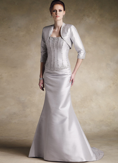 Long Sleeves Beaded Satin Mother Of Bride And Groom Dress