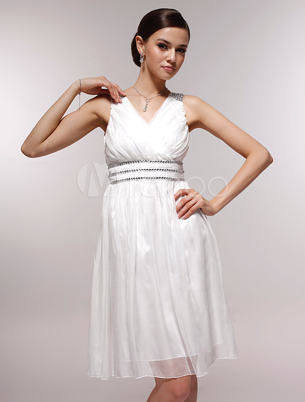 Pretty White Satin Gauze V-neck Knee-length Graduation Dress - Milanoo.com