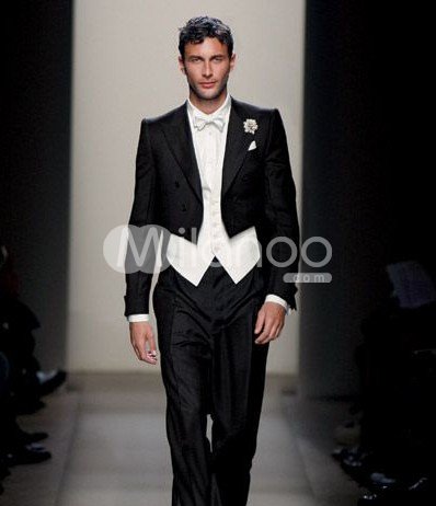 Traditional Black Worsted Groom Wedding Swallowtail Tuxedo