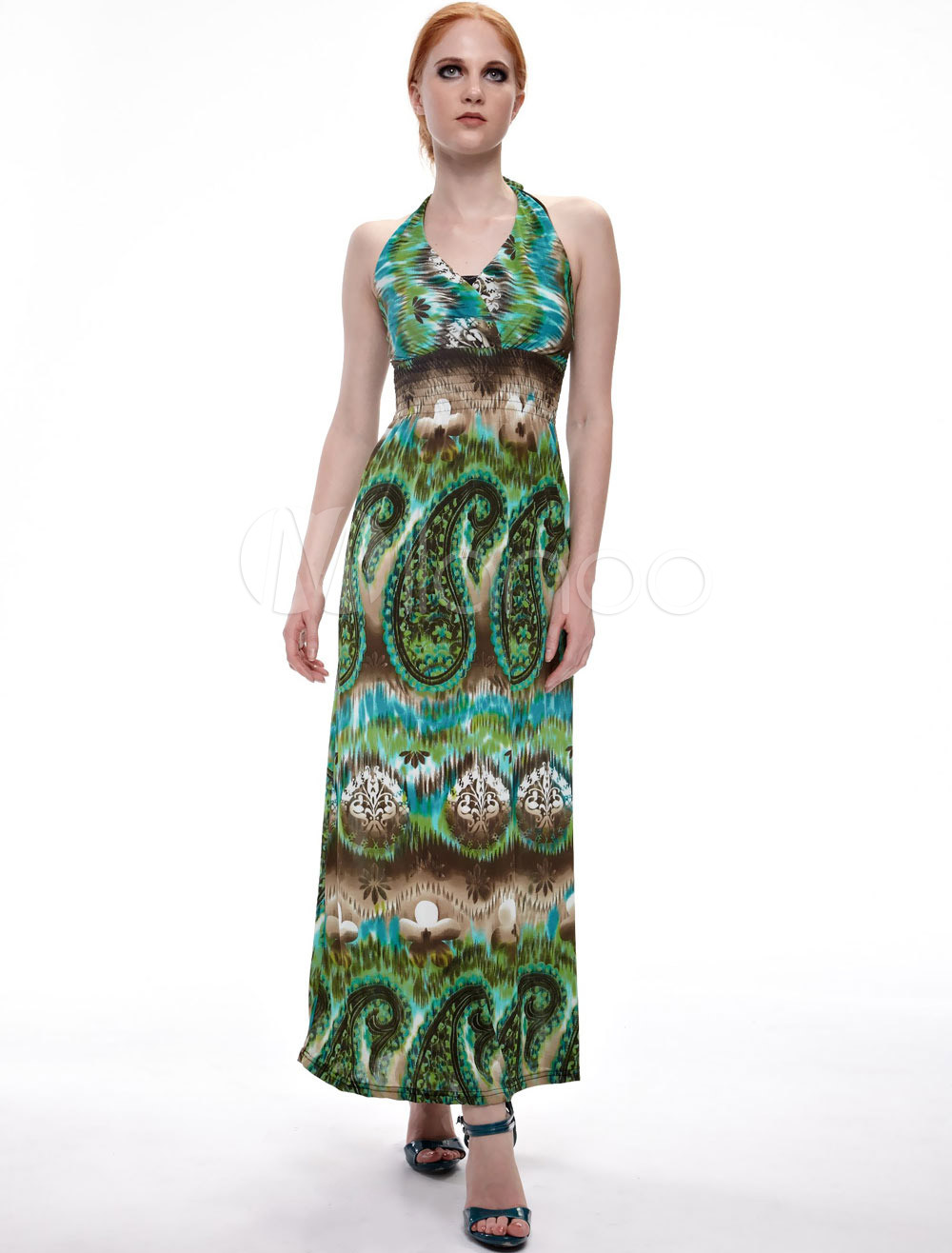 Fashion Green Ice Silk Halter Womens Maxi Dress