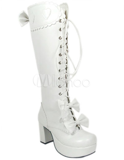 Classy White PU Bow Platform Bandage Lolita Boots