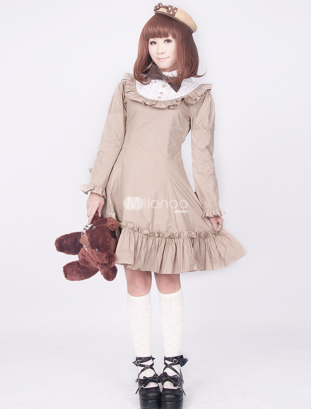 Deep Khaki Long Sleeves Pintucks Cotton Classic Lolita Dress
