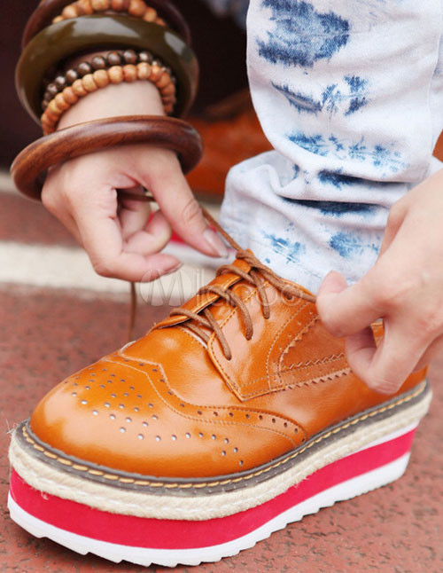 Brown Flat 1 3/5" Heel PU Womens Platform Shoes