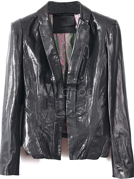 Black Turndown Collar Sheepskin Womens Leather Jacket