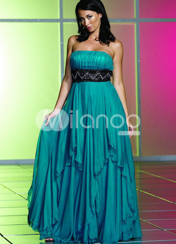 Blue  Strapless Empire Waist Satin Evening Dress