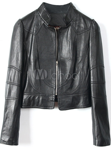 Cute Black Zipper Sheepskin Womens Leather Jacket