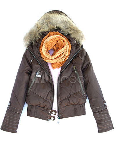 Deep Coffee Hoodied Long Sleeves Womens Down Jacket