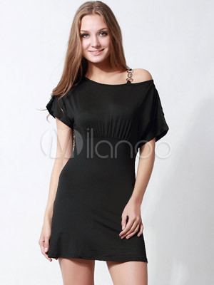 Black Dress  Sleeves on Elegant Black 96  Polyester 4  Spandex Short Sleeves Womens Club Dress