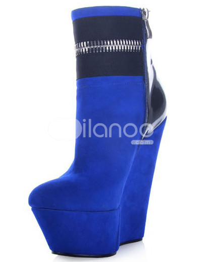 Girls High Heel Shoes Size on Blue 5 1 2 High Heel Wedge Zip Flannel Womens Boots Milanoo Com