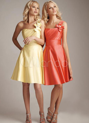 Beautiful Daffodil Satin Oneshoulder Knee Length Womens Bridesmaid Dress