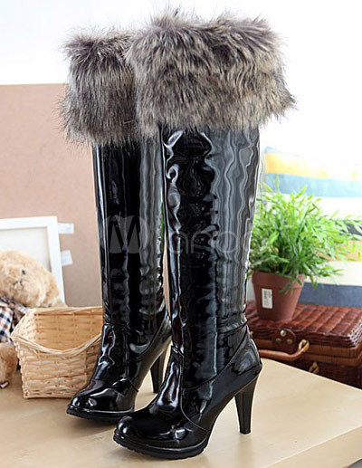 Womens Fashion Boots Knee on Patent Leather Cony Hair Women S Over The Knee Boots Milanoo Com