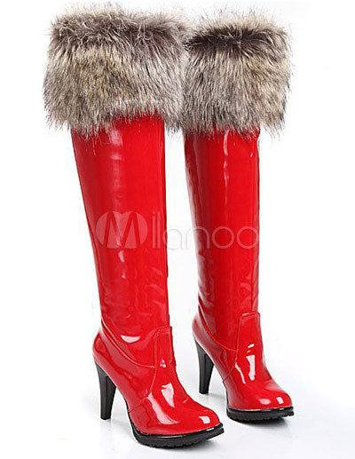  High Heel Shoes on Red High Heel Patent Leather Cony Hair Women S Over The Knee Boots
