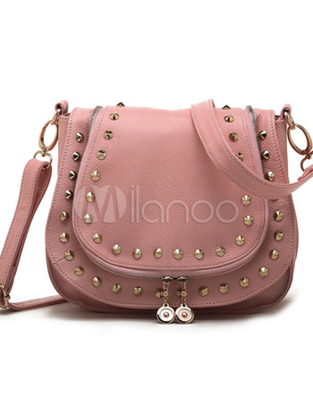 31*8*22cm Fashion Pink Rivet Cowhide Shoulder Bags For Women